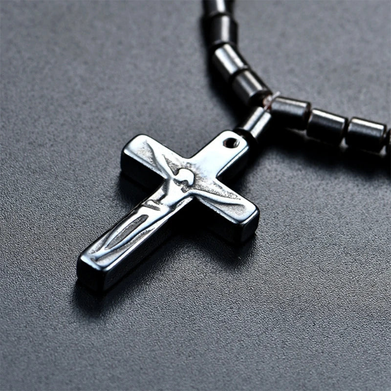 Hematite Necklace with Magnetic Therapy Cross Pendant