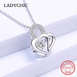 925 Silver Double Heart Crystal Pendant Necklaces Eternal Love Women Gift