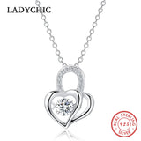 925 Silver Double Heart Crystal Pendant Necklaces Eternal Love Women Gift