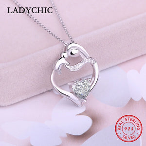925 Silver Crystal CZ Pendant Love Heart Mom Baby Child Necklace