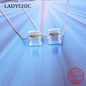 925 Silver Crystal Cube Pendant Necklace Romantic Choker
