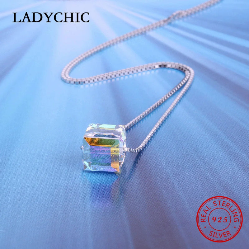 925 Silver Crystal Cube Pendant Necklace Romantic Choker