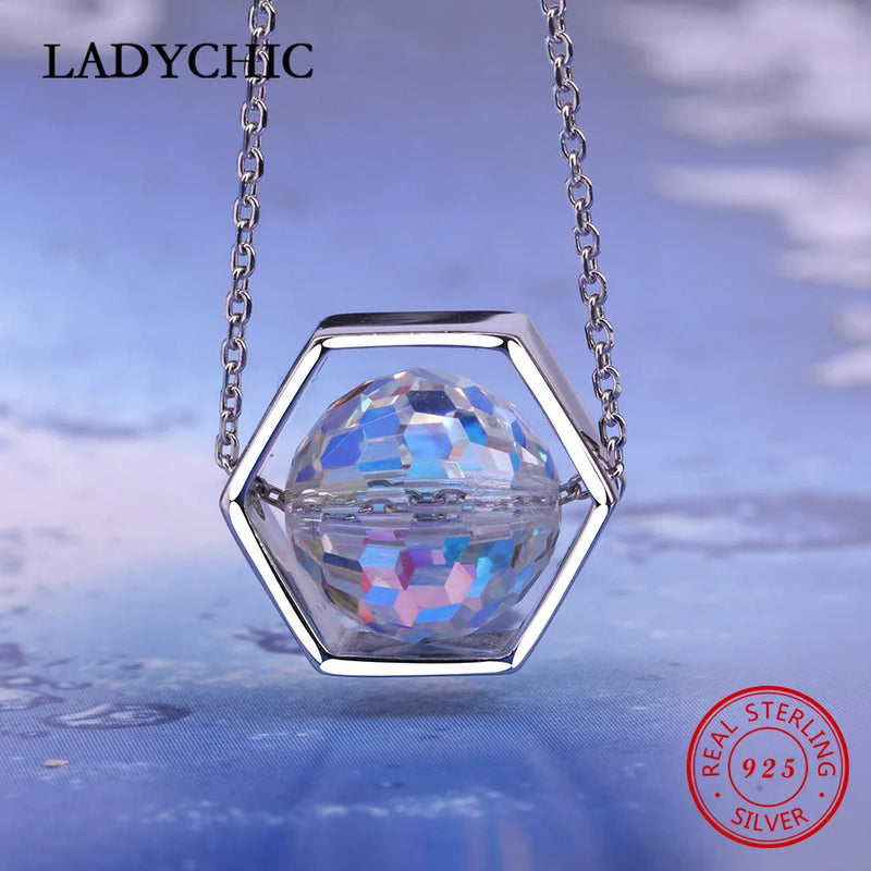 925 Silver Crystal Ball Pendant Lucky Beads Necklace