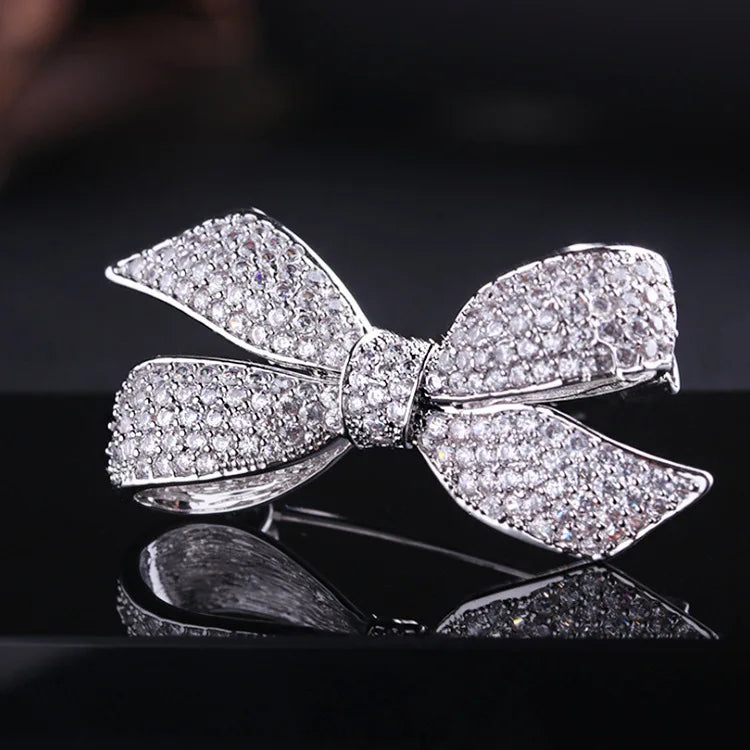 Bowknot Silver Brooch with Zircon Pin for Wedding Party