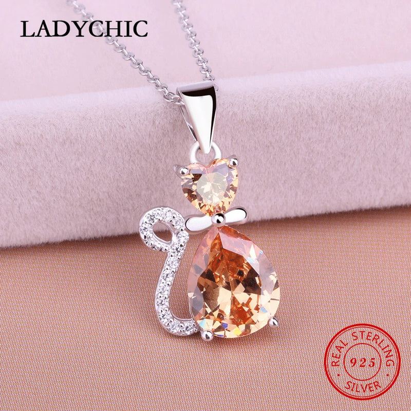 925 Silver Cat Golden Zircon Pendant Necklace Women Jewelry Gift
