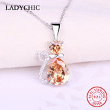925 Silver Cat Golden Zircon Pendant Necklace Women Jewelry Gift