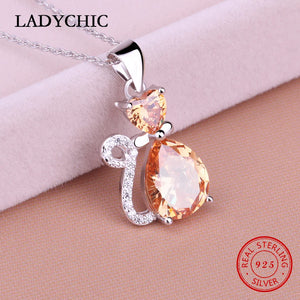925 Silver Cat Golden Zircon Pendant Necklace Women Jewelry Gift
