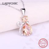 925 Silver Cat Golden Zircon Pendant Necklace Women Jewelry Gift