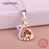 925 Silver Cat Golden Zircon Pendant Necklace Women Jewelry Gift