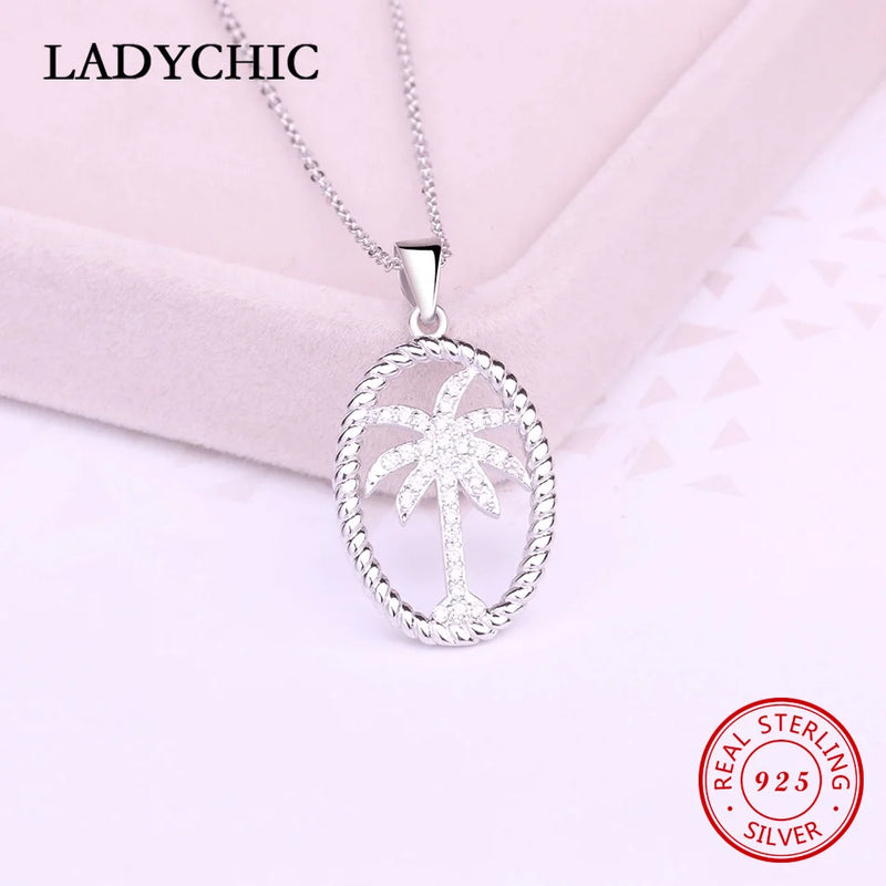 925 Silver Palm Tree Pendant Necklace Women Fine Jewelry
