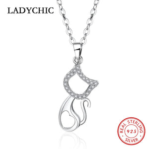 925 Silver Cat Pendant Rose Animal Necklace Jewelry Gift