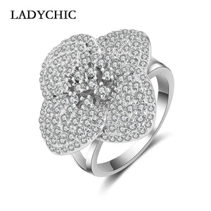 Silver Flower Wedding Rings with Micro Paved CZ Crystal LR1051