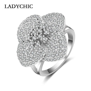 Silver Flower Wedding Rings with Micro Paved CZ Crystal LR1051