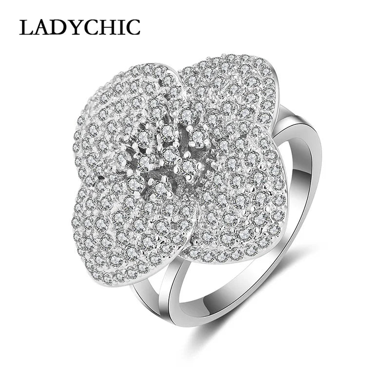 Silver Flower Wedding Rings with Micro Paved CZ Crystal LR1051