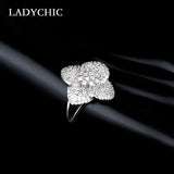 Silver Flower Wedding Rings with Micro Paved CZ Crystal LR1051