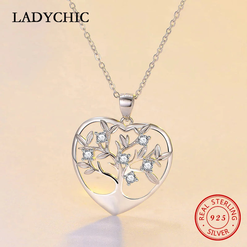 925 Silver Tree of Life Heart Pendant Necklace Romantic Jewelry Gift