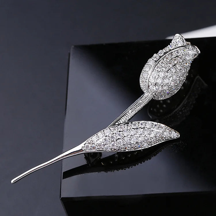 Crystal Rose Flower Brooch for Women Silver Bride Wedding Jewelry