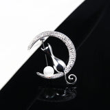 Silver Cat Brooch with Pearl & Zircon