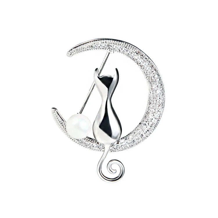 Silver Cat Brooch with Pearl & Zircon