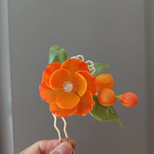 LALAVARA Orange Peony Kanzashi Autumn Bridal Headpiece