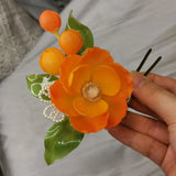 LALAVARA Orange Peony Kanzashi Autumn Bridal Headpiece