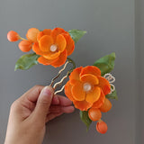 LALAVARA Orange Peony Kanzashi Autumn Bridal Headpiece