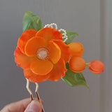 LALAVARA Orange Peony Kanzashi Autumn Bridal Headpiece