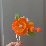 LALAVARA Orange Peony Kanzashi Autumn Bridal Headpiece