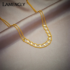 LAMENGLY 316L Stainless Steel 2-Layer Rhombic Torques Choker Necklace