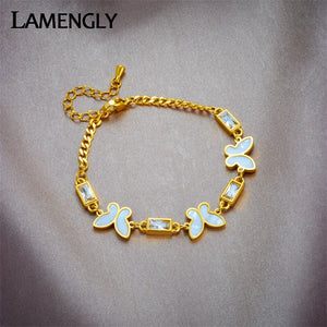 316L Stainless Steel Butterfly Square Crystal Charm Bracelet Jewelry