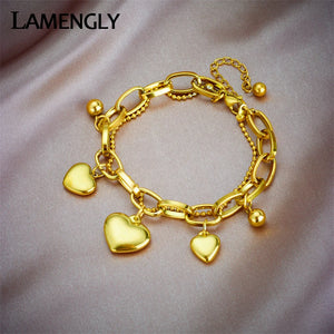 316L Stainless Steel Heart Love Charm Bracelet For Women 2in1 Chain Non-fading