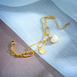 316L Stainless Steel Heart Pearl Charm Bracelet Women 2in1 Chains Non-fading