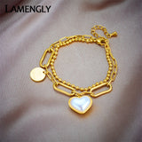 316L Stainless Steel Heart Pearl Charm Bracelet Women 2in1 Chains Non-fading