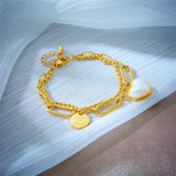 316L Stainless Steel Heart Pearl Charm Bracelet Women 2in1 Chains Non-fading