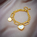 316L Stainless Steel Heart Pearl Charm Bracelet Women 2in1 Chains Non-fading