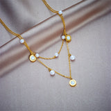 316L Stainless Steel Heart Butterfly Pearls Necklace 2 Layers Choker Chain