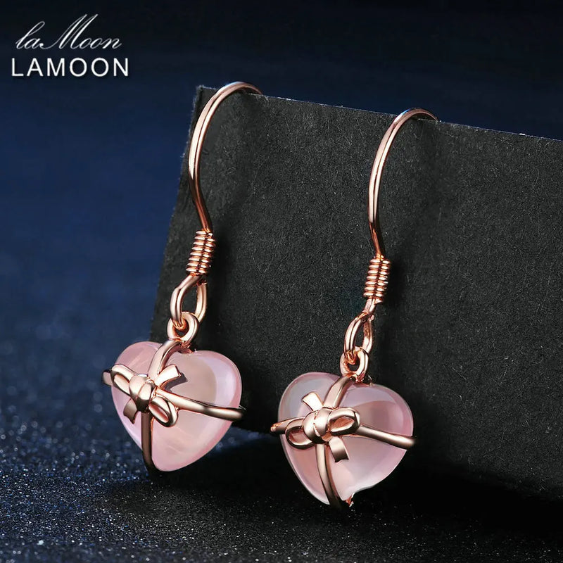 Natural Heart Pink Rose Quartz 925 Silver Drop Earrings
