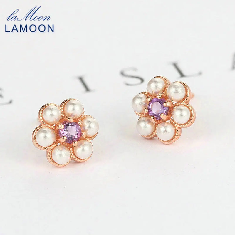 925 Silver Stud Earring Flower Pearl Amethyst Gemstone 18k Rose Plated