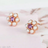 925 Silver Stud Earring Flower Pearl Amethyst Gemstone 18k Rose Plated