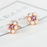 925 Silver Stud Earring Flower Pearl Amethyst Gemstone 18k Rose Plated