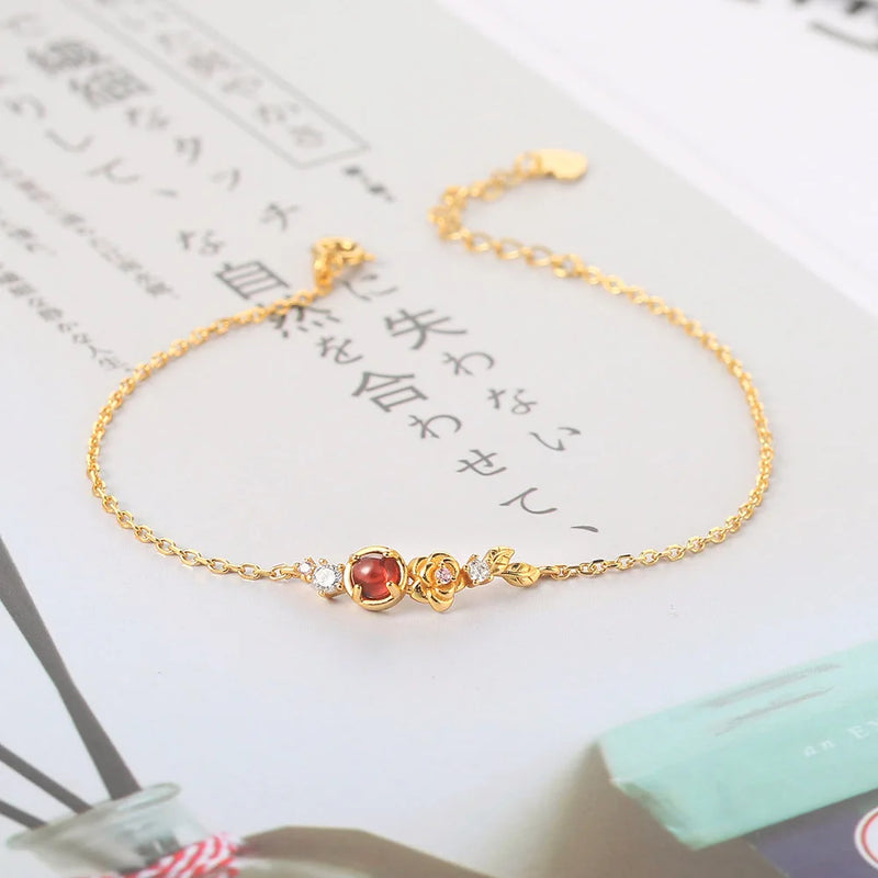 925 Silver Garnet Flower Charm Bracelet 14K Plated Jewelry