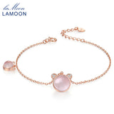 925 Silver Charm Bracelet Lovely Bear Rose Quartz Gemstone Bangle HI026