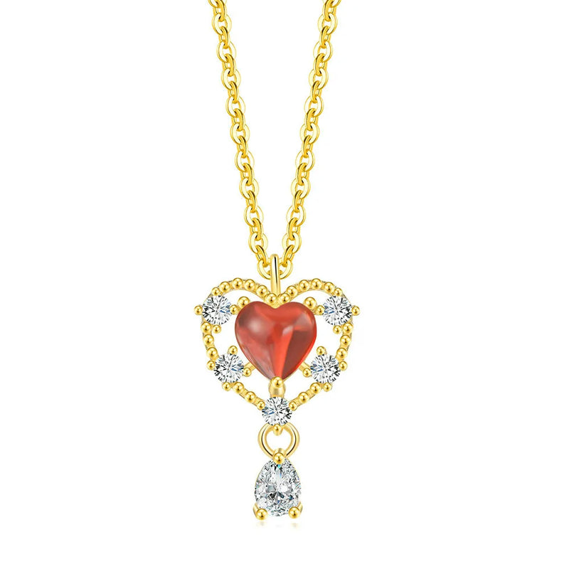 925 Silver Necklace Rose Quartz Sweet Heart Pendant CZ 14K Plated