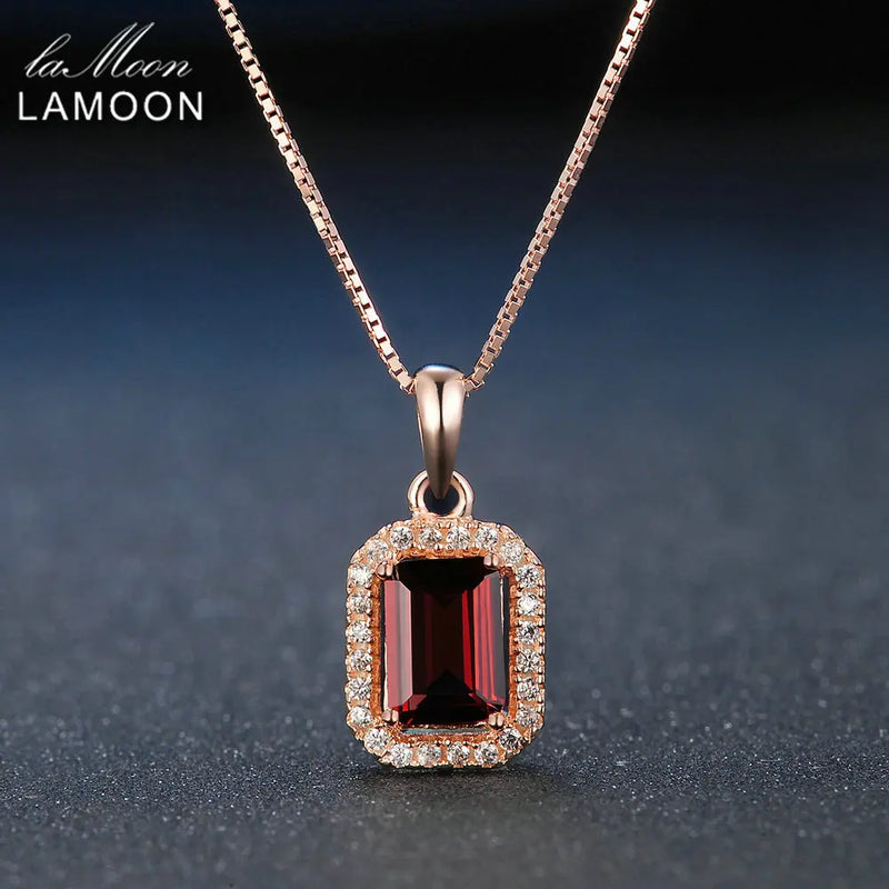 925 Silver Necklace Red Garnet Pendant 18K Rose Plated Fine Jewelry