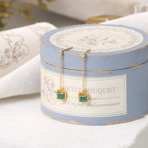 925 Silver Synthetic Emerald Drop Earrings Retro Princess Cut 14K Plated