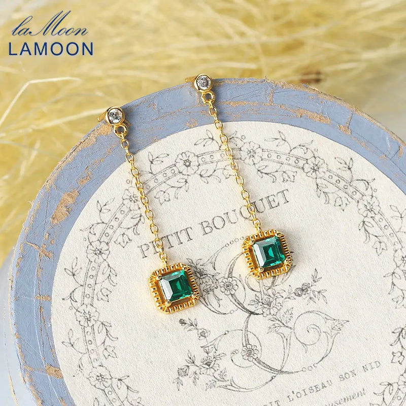925 Silver Synthetic Emerald Drop Earrings Retro Princess Cut 14K Plated