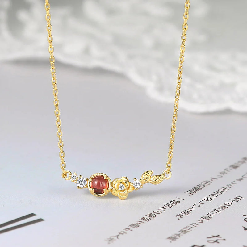 Camellia Flower Garnet Pendant 925 Silver 14K Plated