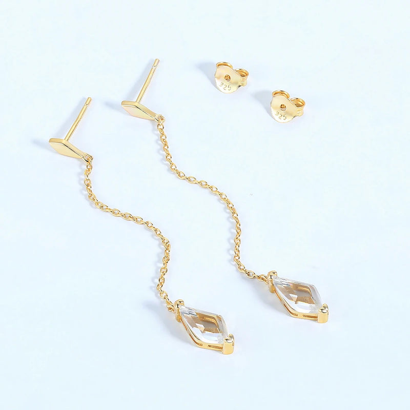925 Silver Natural Crystal Drop Earrings, Concise Style Rhombus, Fine Jewelry