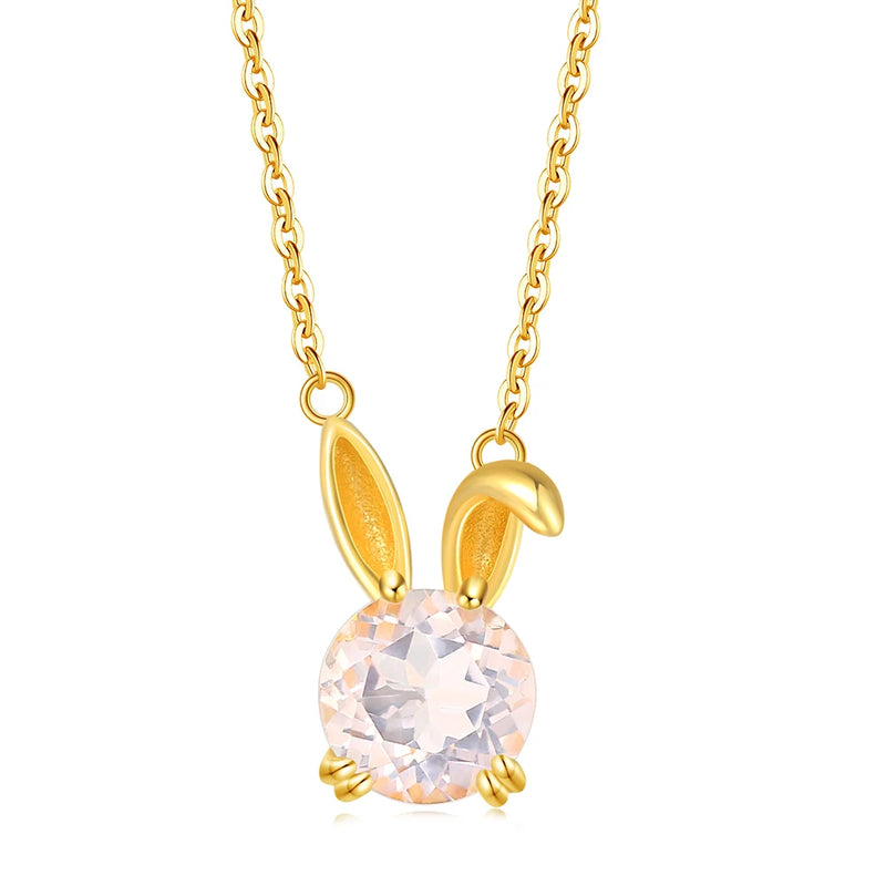 Lovely Rabbit 925 Silver Necklace Rose Quartz Pendant 14K Plated Jewelry