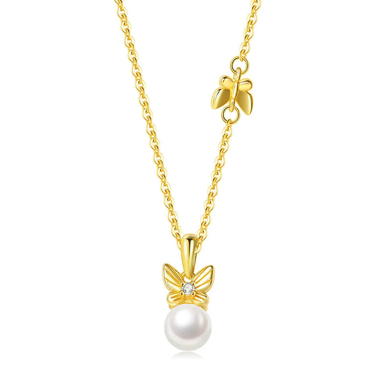 Freshwater Pearl Necklace Bowknot Butterfly Pendant 925 Sterling Silver Plated